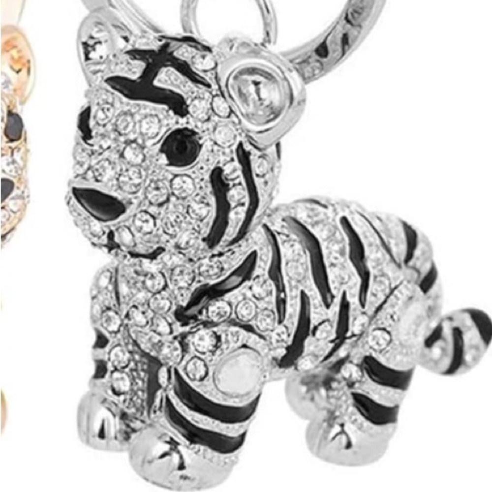 Silver Tiger purse/bag charm Keychain with Crystals